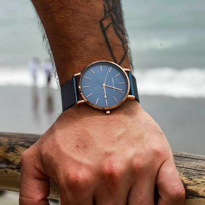 Reloj Hannah Martin Oro Rosa Esfera Azul con Mesh Azul y Fecha - Diseño Premium 40mm - Hannah Martin en Perú | Jherr Jewelry