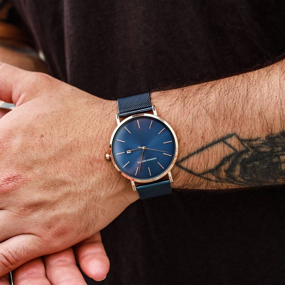 Reloj Hannah Martin Oro Rosa Esfera Azul con Mesh Azul y Fecha - Diseño Premium 40mm - Hannah Martin en Perú | Jherr Jewelry