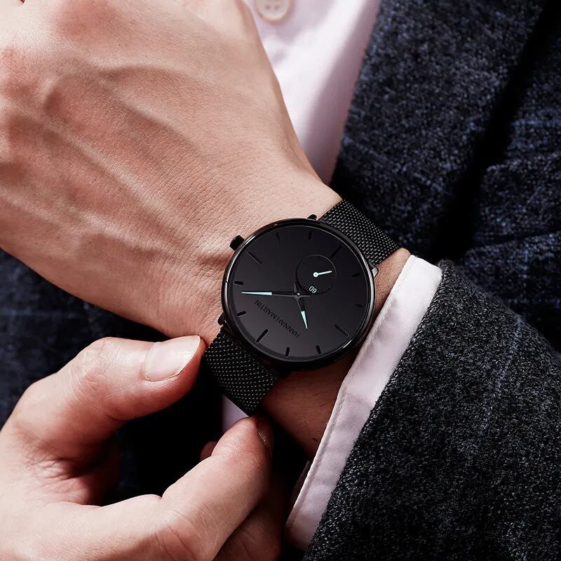 Reloj Hannah Martin Original Negro Mesh con Agujas Celestes - Diseño Minimalista 40mm - Hannah Martin en Perú | Jherr Jewelry