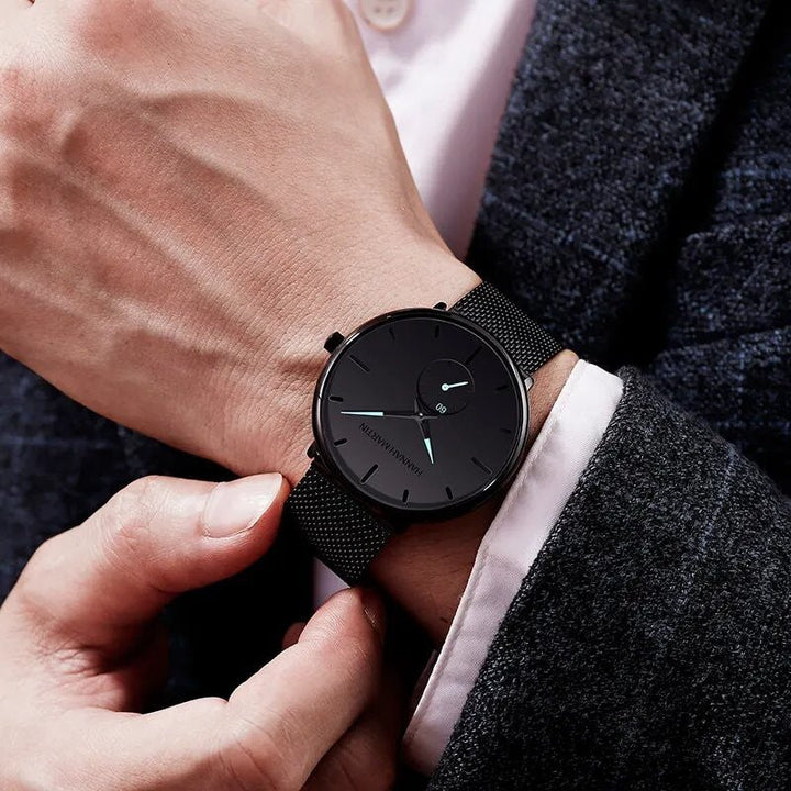 Reloj Hannah Martin Original Negro Mesh con Agujas Celestes - Diseño Minimalista 40mm - Hannah Martin en Perú | Jherr Jewelry