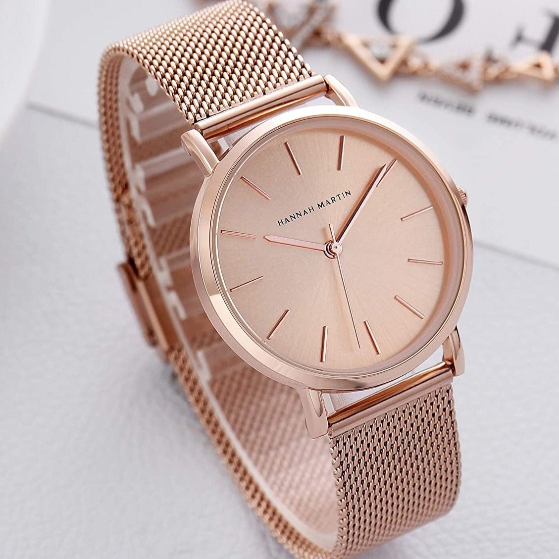 Reloj Hannah Martin Oro Rosa Mujer Esfera Rosa con Correa Mesh - Diseño Elegante 36mm - JHERR JEWELRY en Perú | Jherr Jewelry