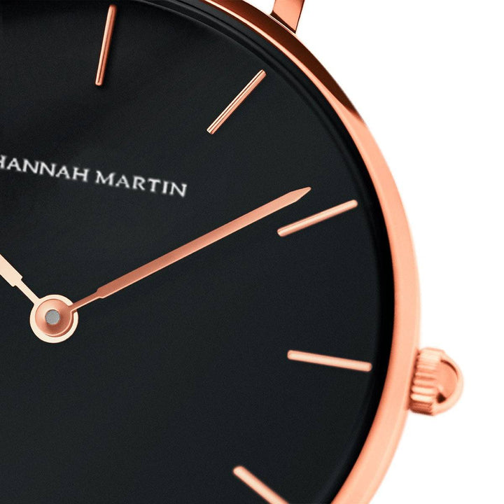 Reloj Hannah Martin Oro Rosa Mujer Esfera Negra con Correa NATO Blanca - Diseño Contraste 36mm - Hannah Martin en Perú | Jherr Jewelry