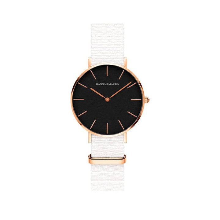 Reloj Hannah Martin Oro Rosa Mujer Esfera Negra con Correa NATO Blanca - Diseño Contraste 36mm - Hannah Martin en Perú | Jherr Jewelry