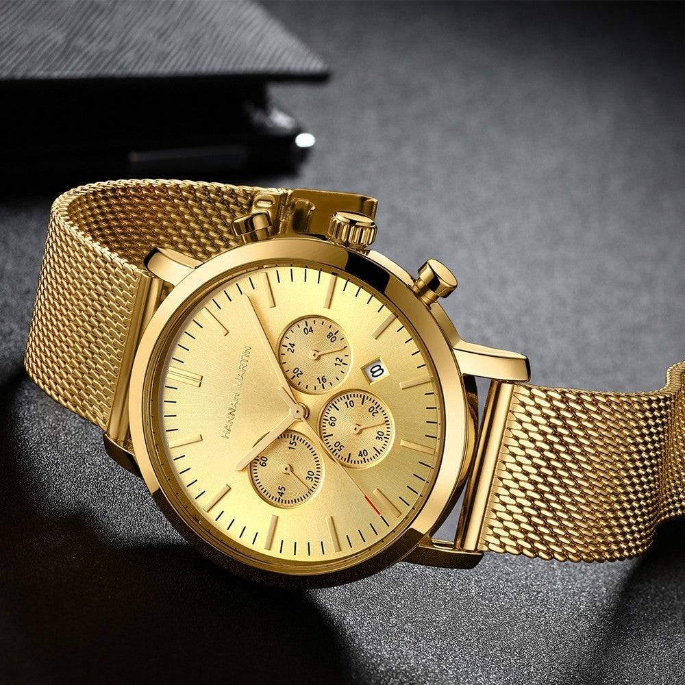 Reloj Hannah Martin Oro Cronógrafo con Correa Mesh Dorada - Diseño Luxury 42mm - Hannah Martin en Perú | Jherr Jewelry