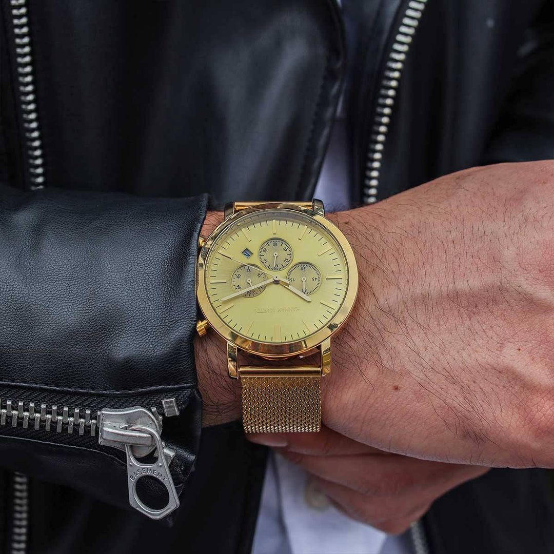 Reloj Hannah Martin Oro Cronógrafo con Correa Mesh Dorada - Diseño Luxury 42mm - Hannah Martin en Perú | Jherr Jewelry