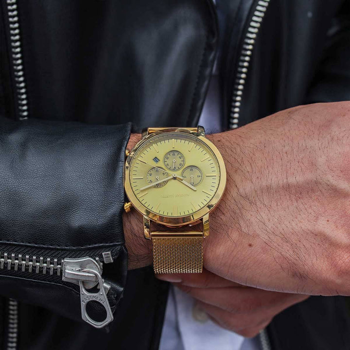 Reloj Hannah Martin Oro Cronógrafo con Correa Mesh Dorada - Diseño Luxury 42mm - Hannah Martin en Perú | Jherr Jewelry