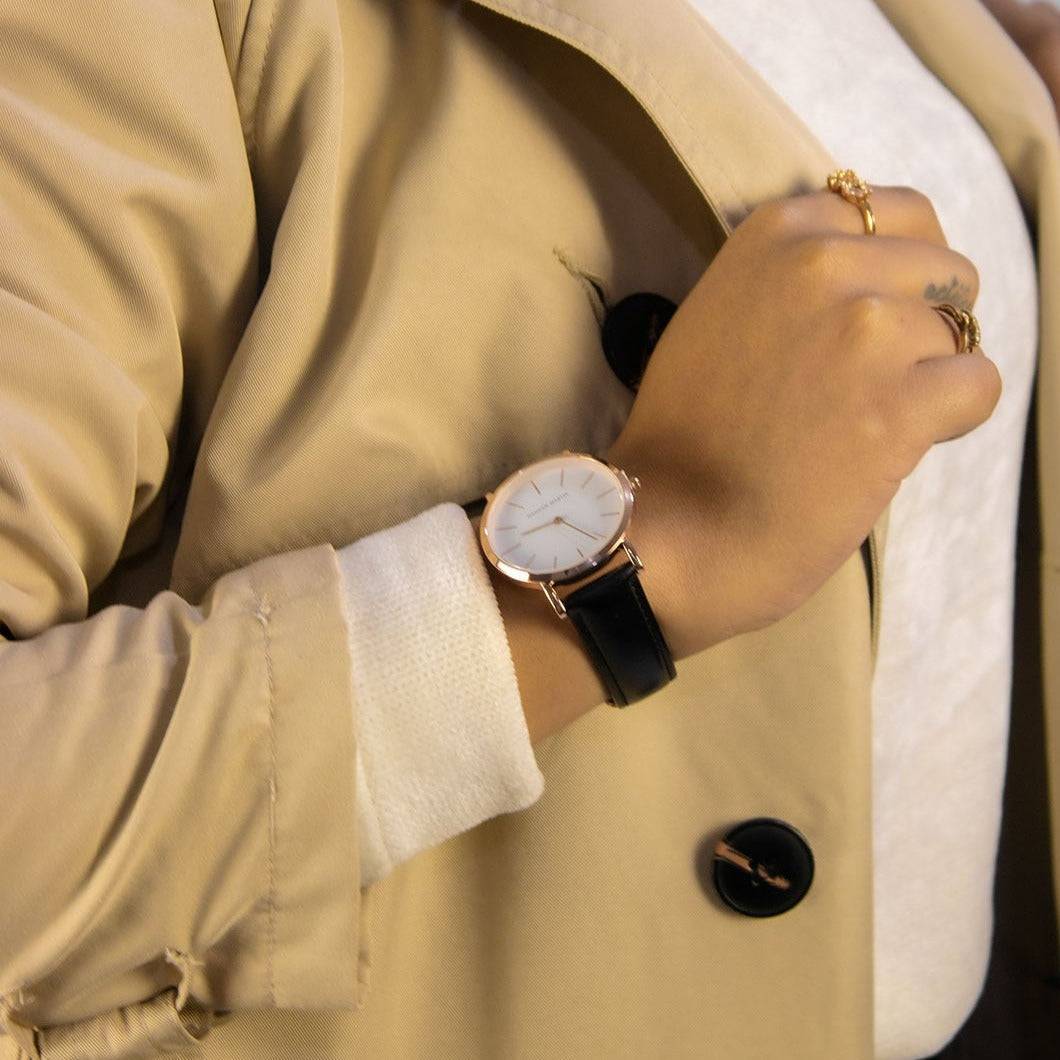Reloj Hannah Martin para Mujer Oro Rosa Cuero Negro Esfera Blanca - Hannah Martin en Perú | Jherr Jewelry