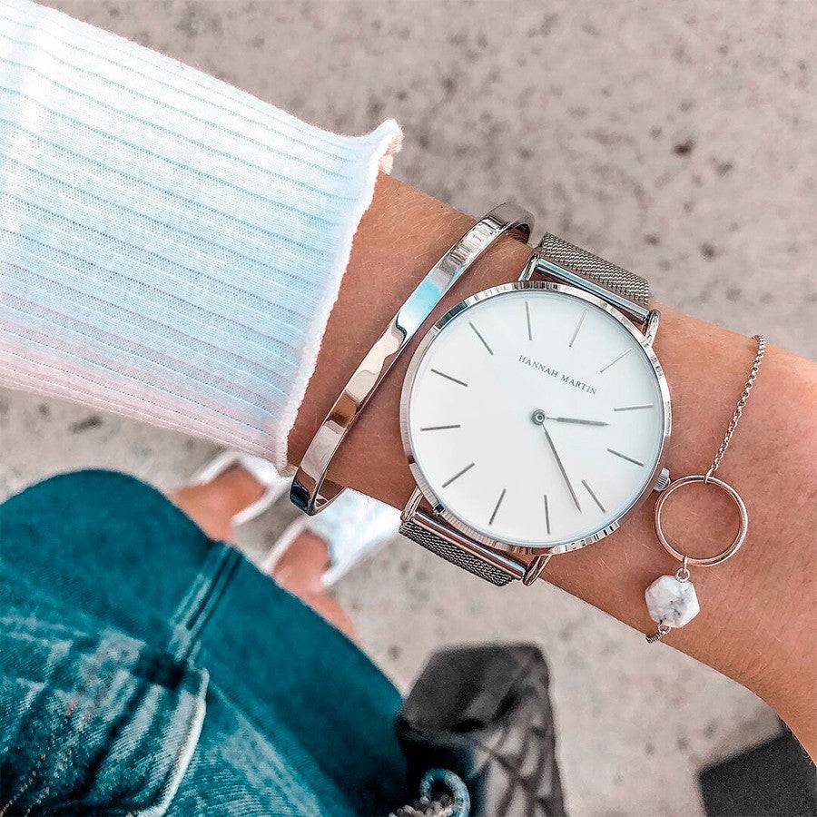 Reloj Hannah Martin Plata Mesh Esfera Blanca - Diseño Minimalista 36mm - Hannah Martin en Perú | Jherr Jewelry