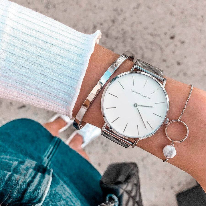 Reloj Hannah Martin Plata Mesh Esfera Blanca - Diseño Minimalista 36mm - Hannah Martin en Perú | Jherr Jewelry