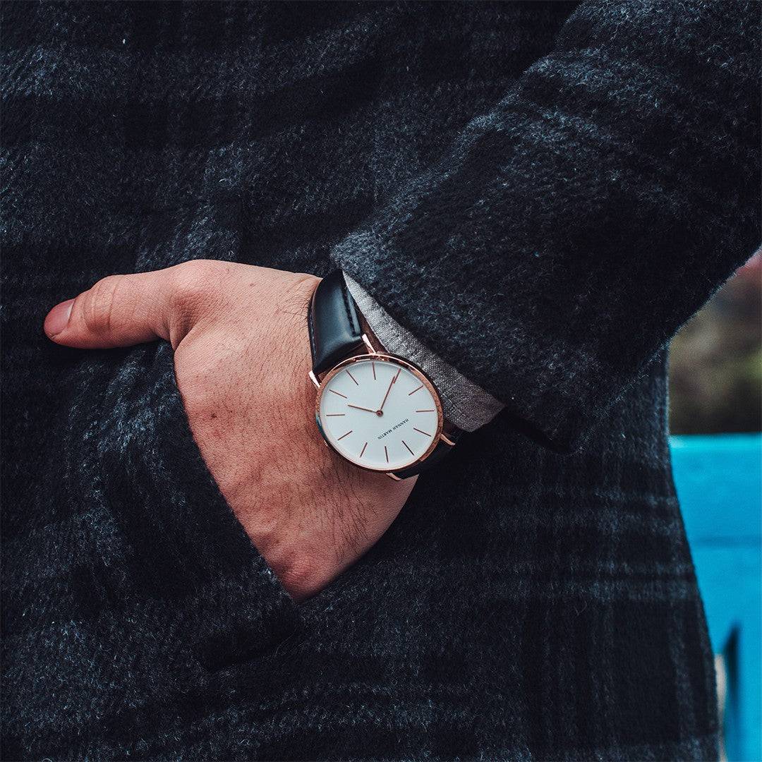 Reloj Hannah Martin Original Hombre - Correa Cuero Negro Esfera Blanca - Hannah Martin en Perú | Jherr Jewelry