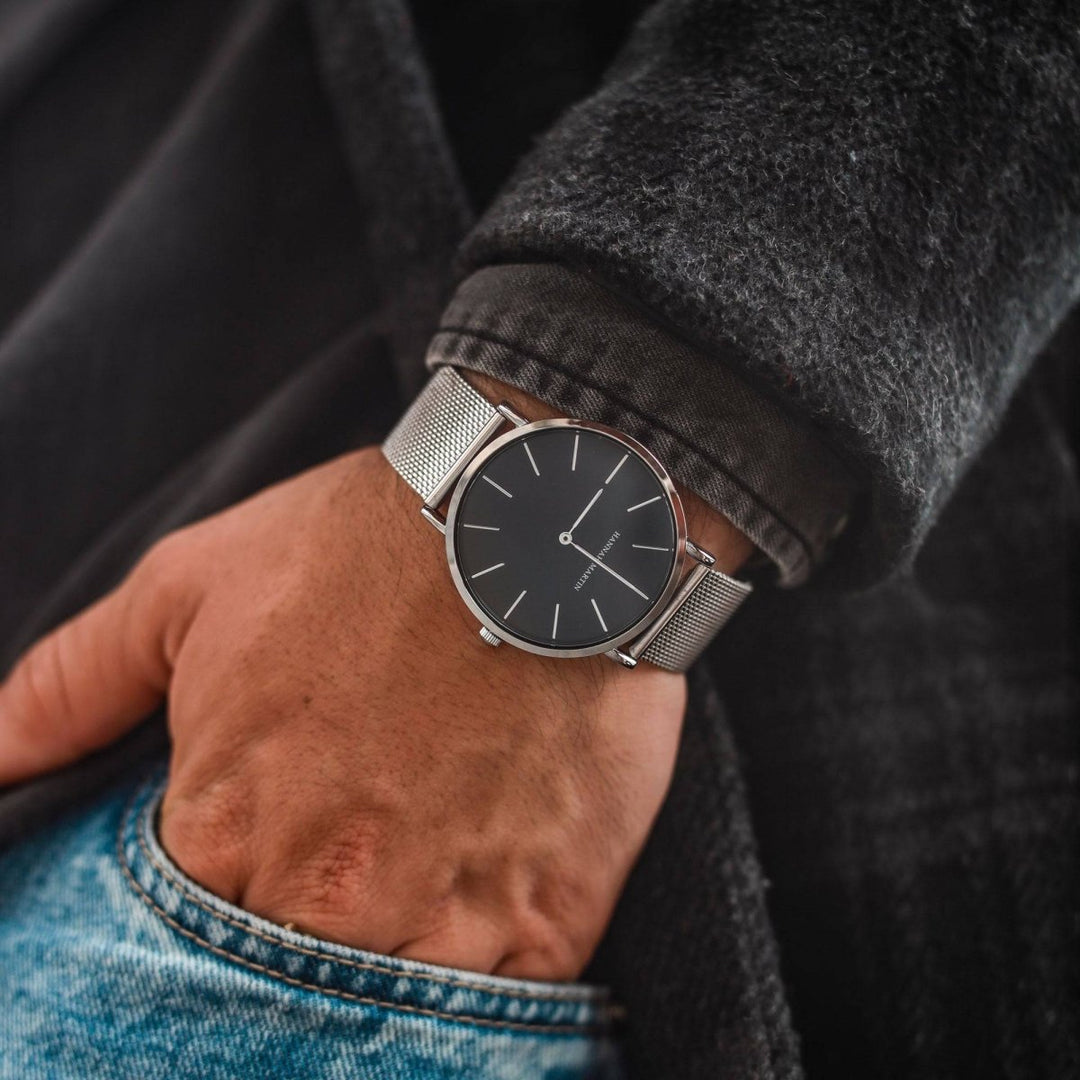 Reloj Hannah Martin Plata Esfera Azul con Mesh Plateado y Fecha - Diseño Ejecutivo 40mm - Hannah Martin en Perú | Jherr Jewelry