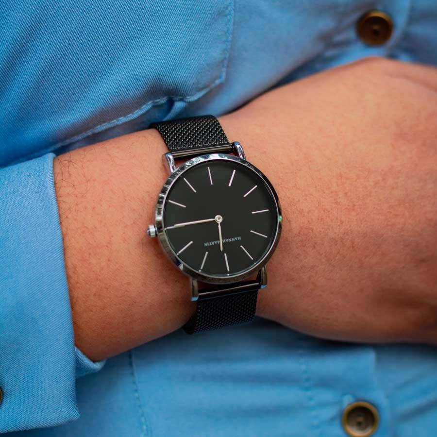 Reloj Hannah Martin Plata Esfera Negra con Correa Mesh Negra - Diseño Elegante 36mm - Hannah Martin en Perú | Jherr Jewelry