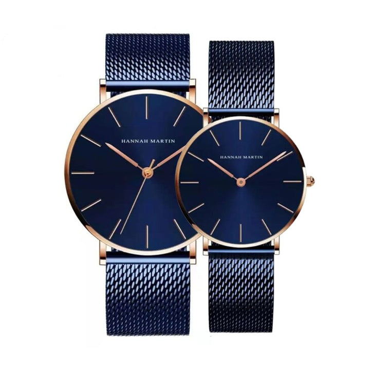 Relojes de Pareja Hannah Martin Oro Rosa Esfera Azul con Mesh Azul - Set Coordinado 40mm/36mm - Hannah Martin en Perú | Jherr Jewelry