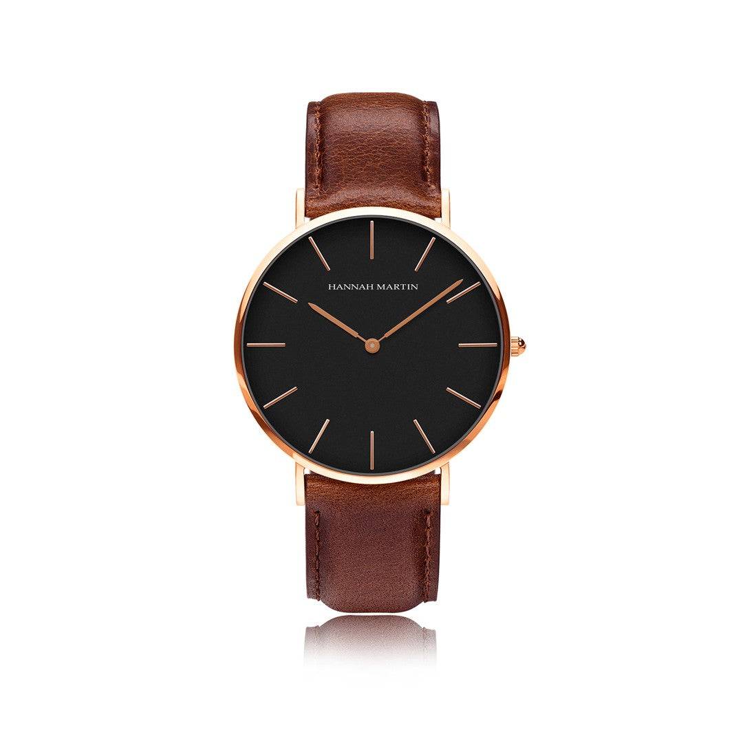 Relojes de Pareja Hannah Martin Rose Gold Esfera Negra con Cuero Marrón - Set Coordinado 40mm/36mm - Hannah Martin en Perú | Jherr Jewelry
