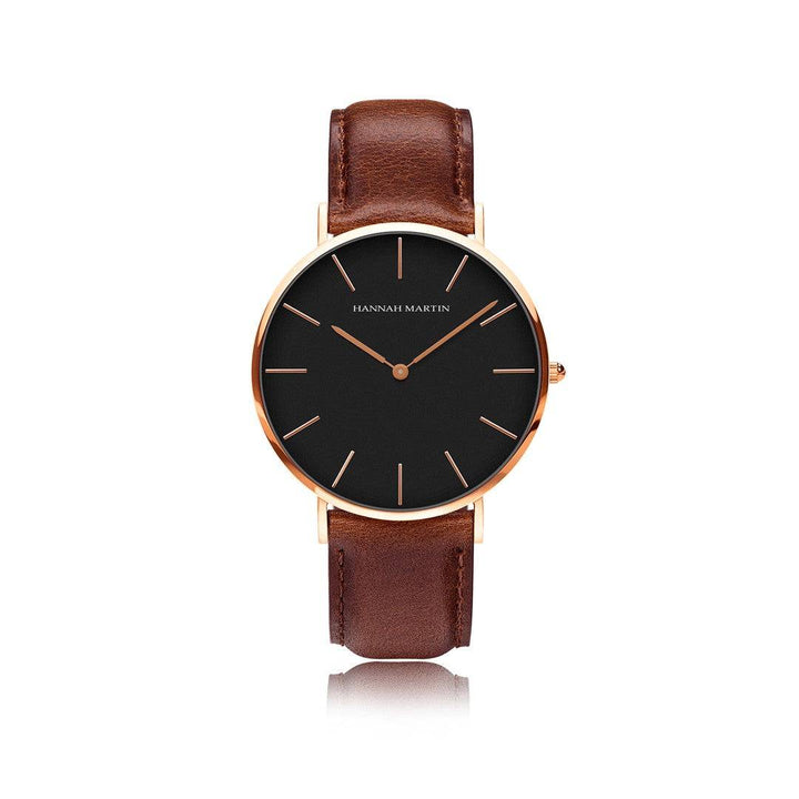 Relojes de Pareja Hannah Martin Rose Gold Esfera Negra con Cuero Marrón - Set Coordinado 40mm/36mm - Hannah Martin en Perú | Jherr Jewelry