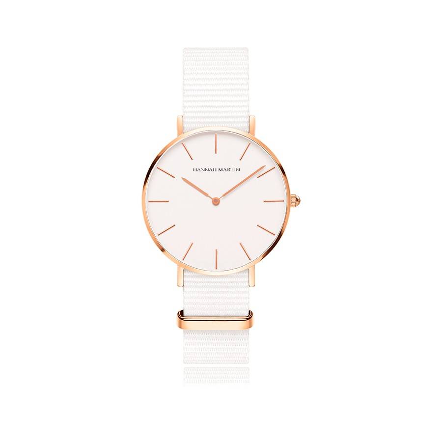 Reloj Hannah Martin Oro Rosa Mujer Esfera Blanca con Correa NATO Blanca - Diseño Minimalista 36mm - Hannah Martin en Perú | Jherr Jewelry