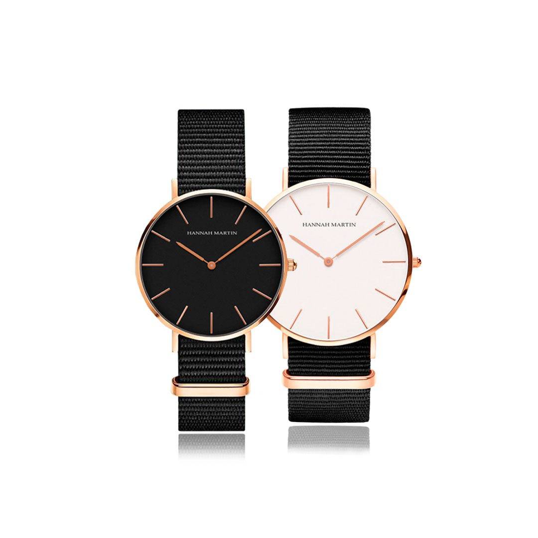 Relojes de pareja Hannah Martin rose gold con correas NATO negras